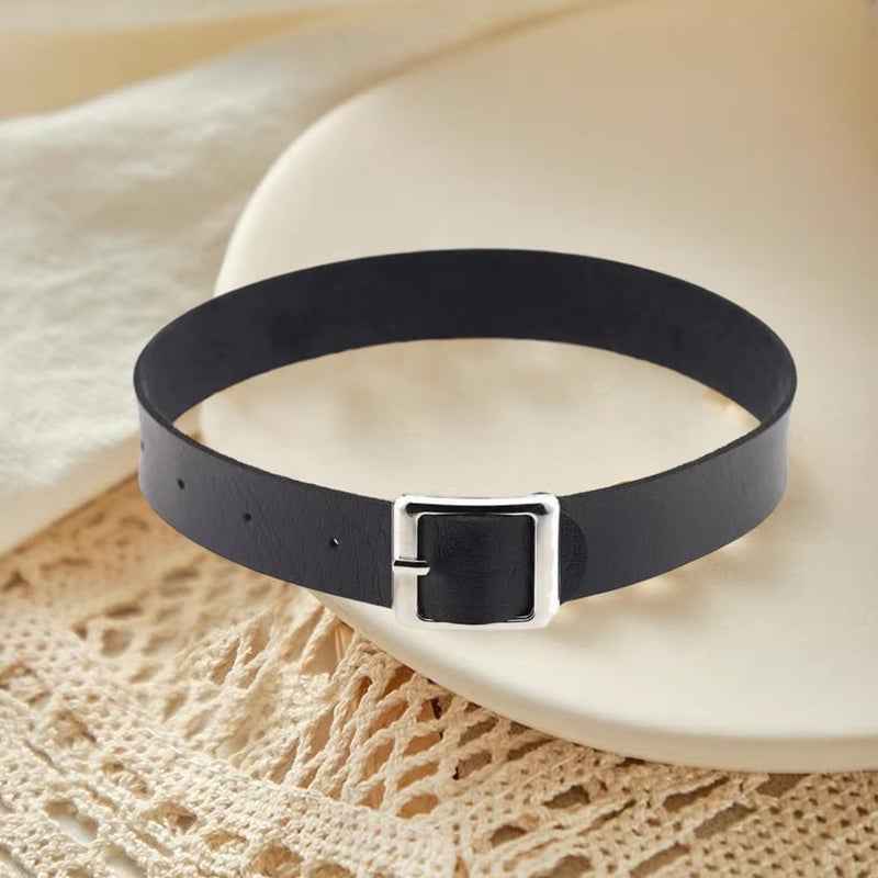 CALFOVERA Black Cowhide Leather Choker for Women Jewelry Adjustable Gothic Style Plain Genuine Leather Collar Chain Punk Design Circle Short Necklace for Costume Jewelry Party Cosplay Gift - Image 3